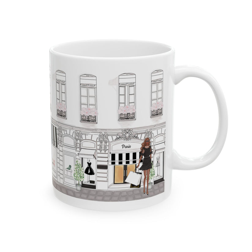 Haute in Paris Collection ceramic mug with customizable avatar, showing a fashionista outside a Paris boutique.