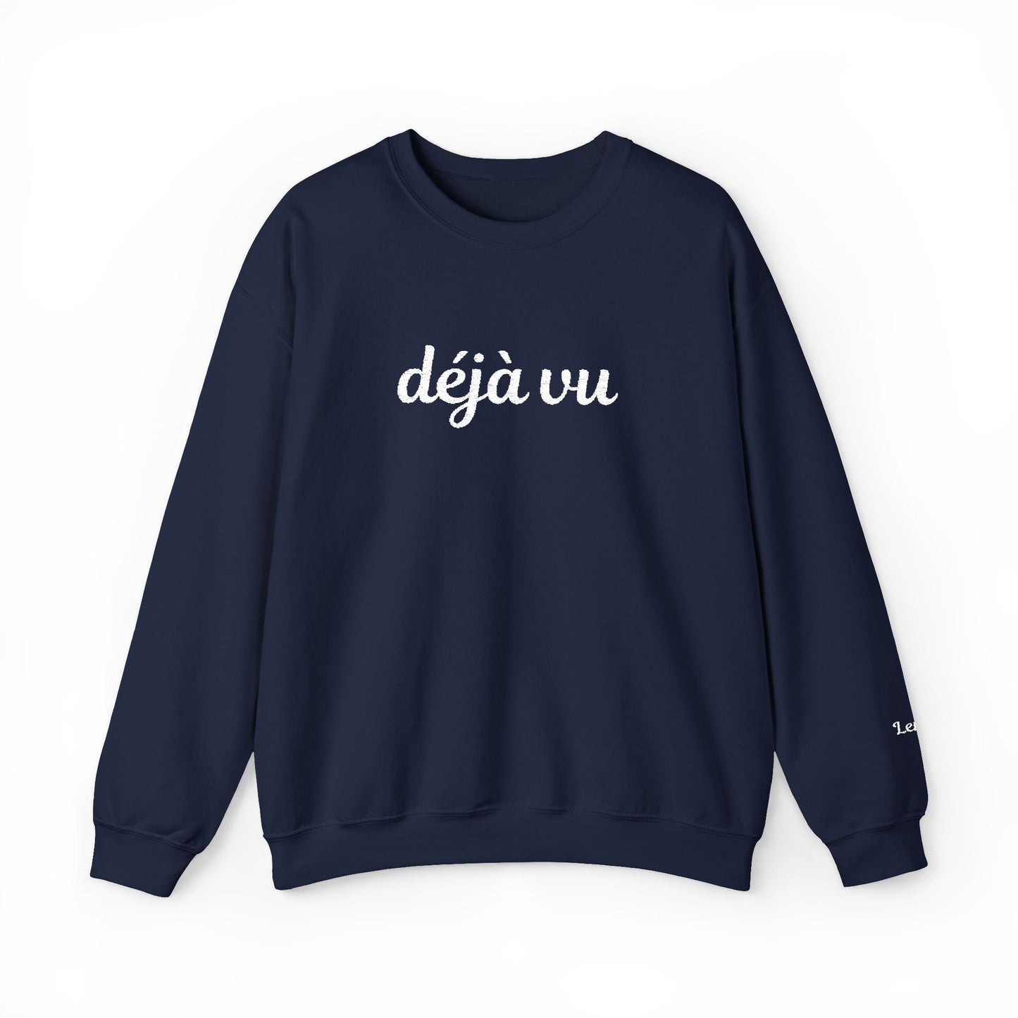 Navy blue sweatshirt with white embroidered "deja vu" on a white background
