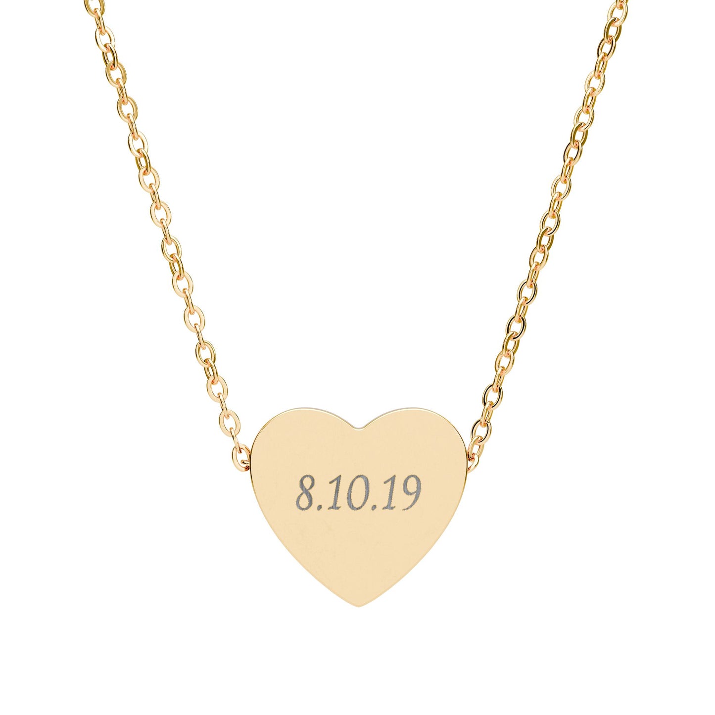 Gold heart-shaped necklace with engraved date on a white background
