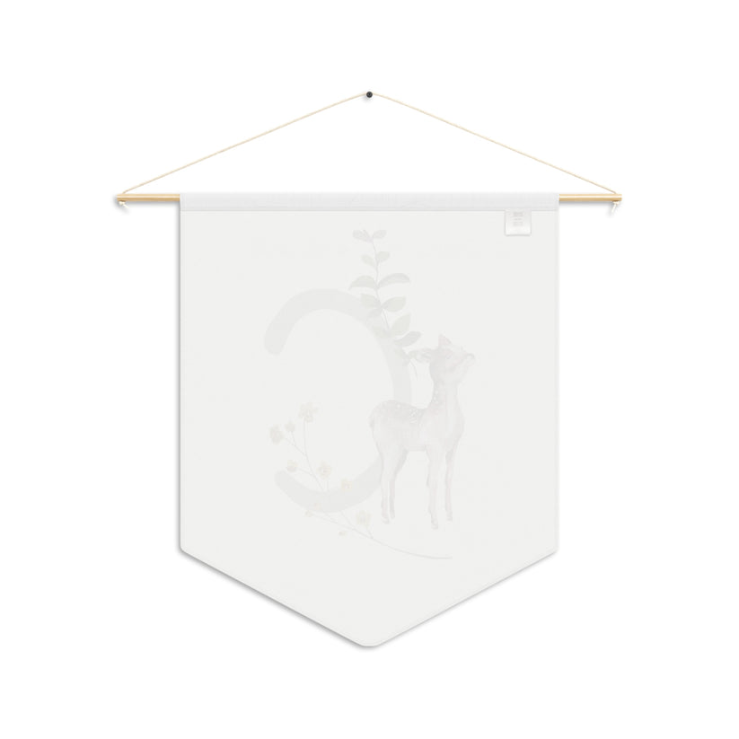 White fabric banner with wooden rod on a white background
