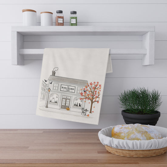 Black Cauldron Café Halloween Kitchen Towel | 100% Cotton | Spooky Chic Black Cat & Ghost Design | Fall Holiday Décor
