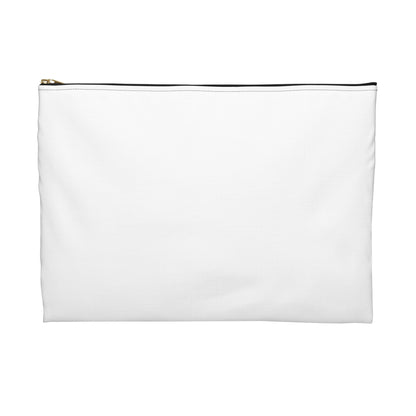 Back of white makeup bag.
