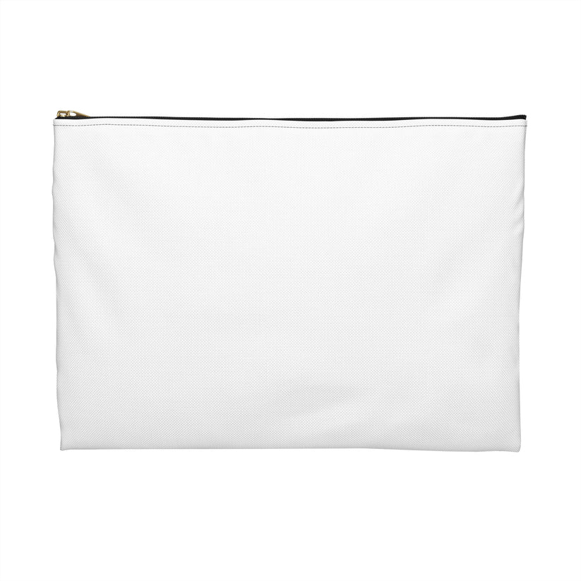 Back of white makeup bag.