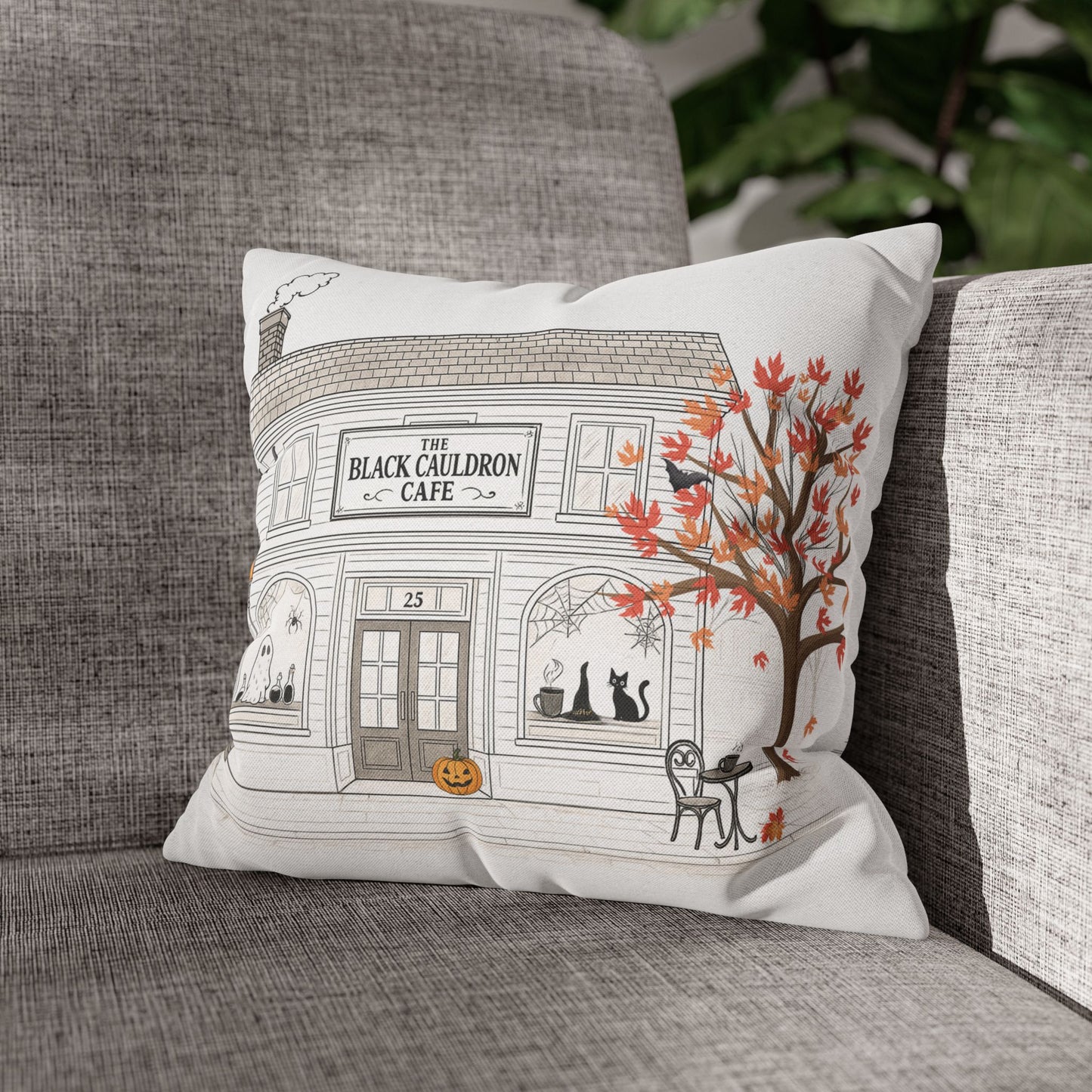 Black Cauldron Café Halloween Square Throw Pillow Cover | 14x14, 16x16, 18x18, 20x20