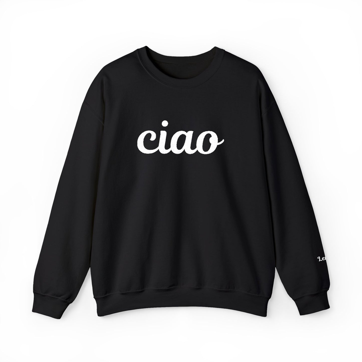 Black sweatshirt with 'ciao' text on a white background