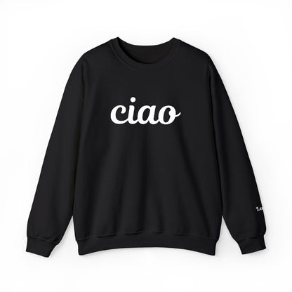 Black sweatshirt with 'ciao' text on a white background