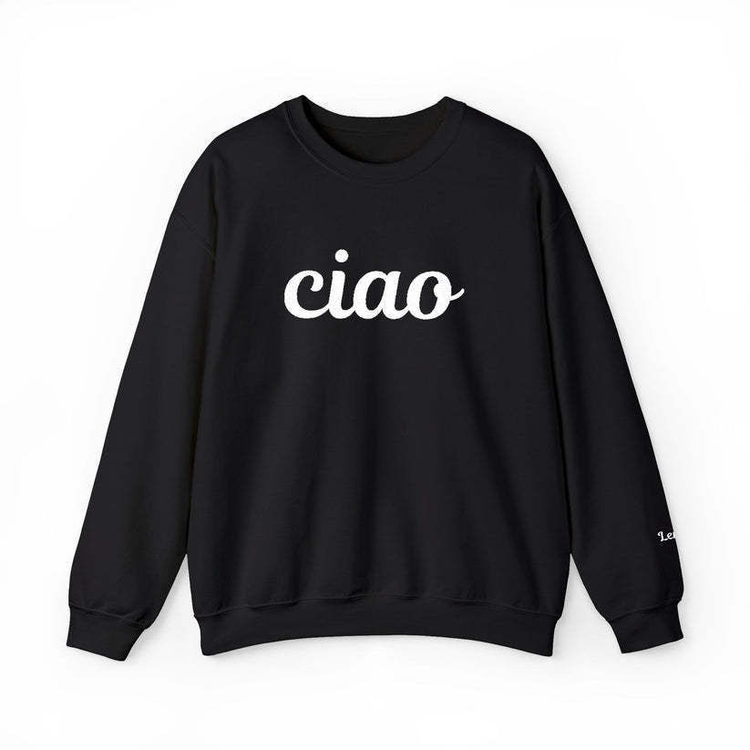 Black sweatshirt with 'ciao' text on a white background