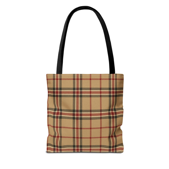 Plaid tote bag with black handle on a white background