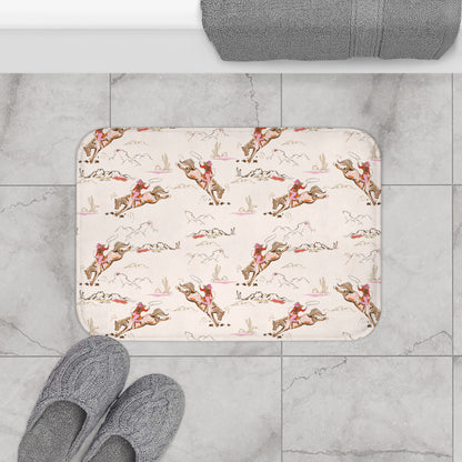 Patterned bath mat with horse and rider design on a tiled floor.