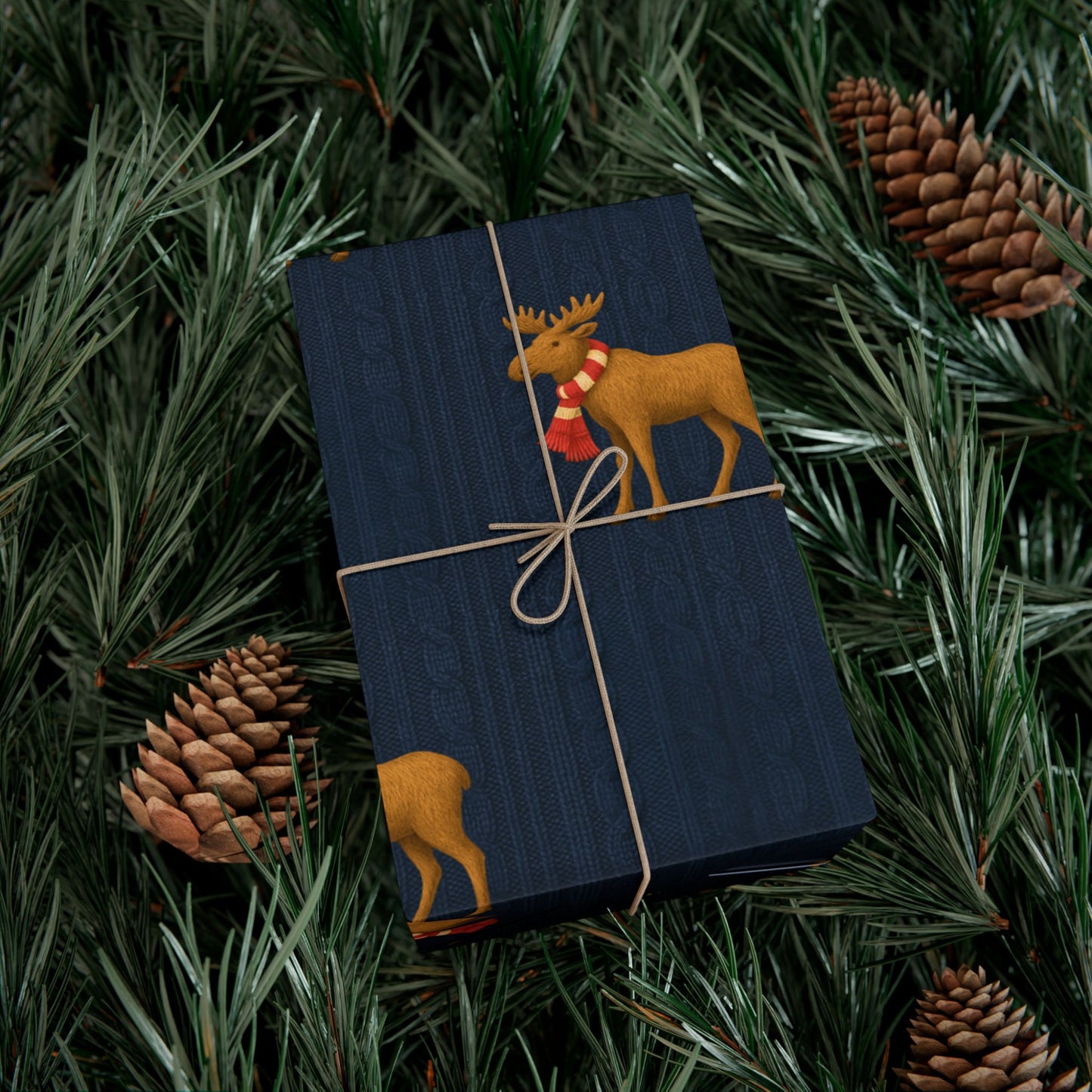 Navy Blue Cable Knit Wrapping Paper with Moose Motif | Satin Finish
