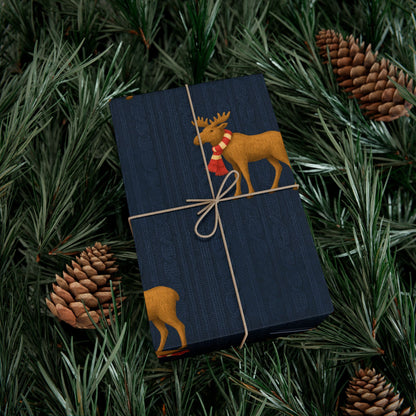 Navy Blue Cable Knit Wrapping Paper with Moose Motif | Satin Finish
