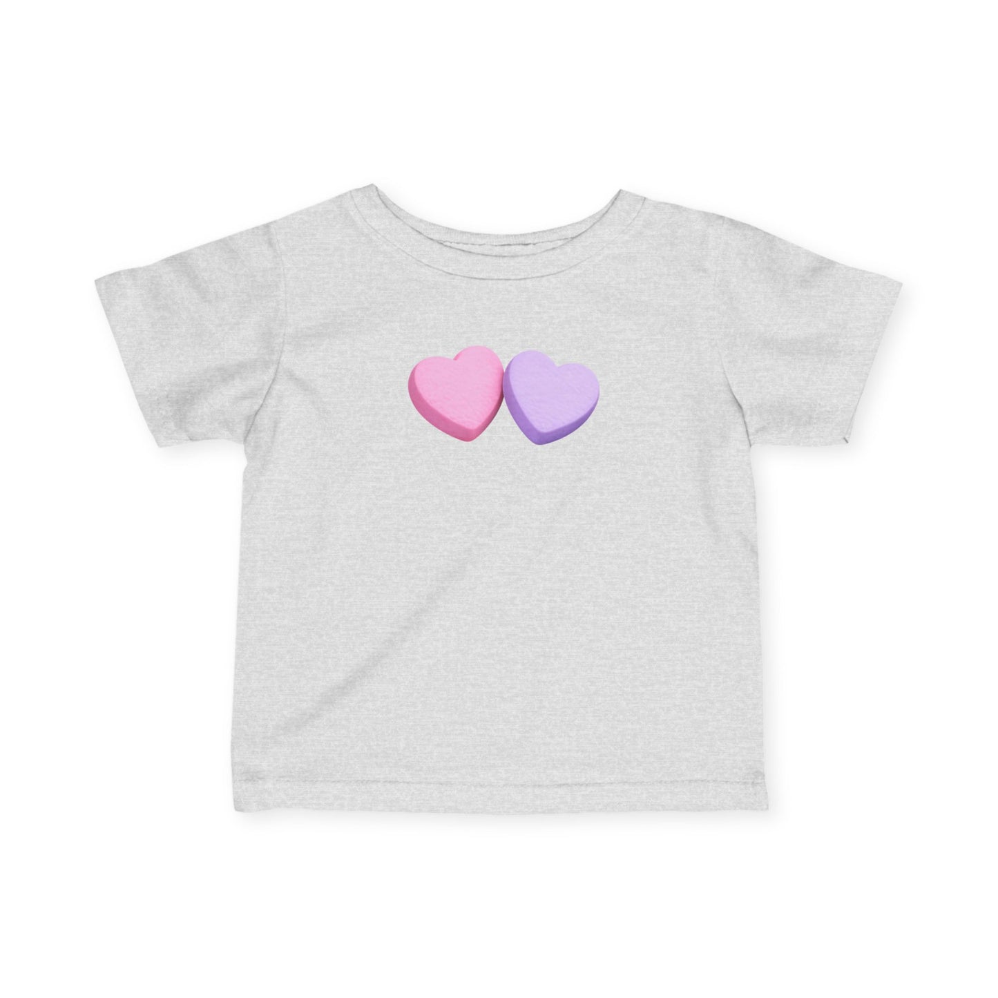 Gray t-shirt with two colorful heart-shaped candy designs on a white background