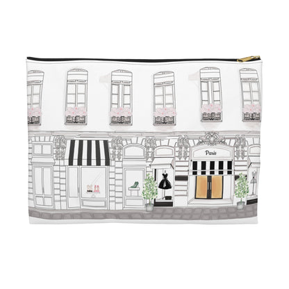 Makeup bag with black and white  Parisian shopping street design on a white background