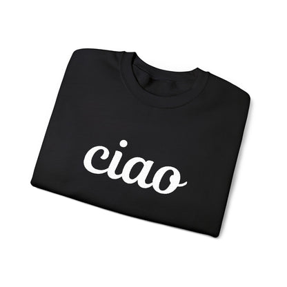 Folded black sweatshirt with white graphic design on a white background