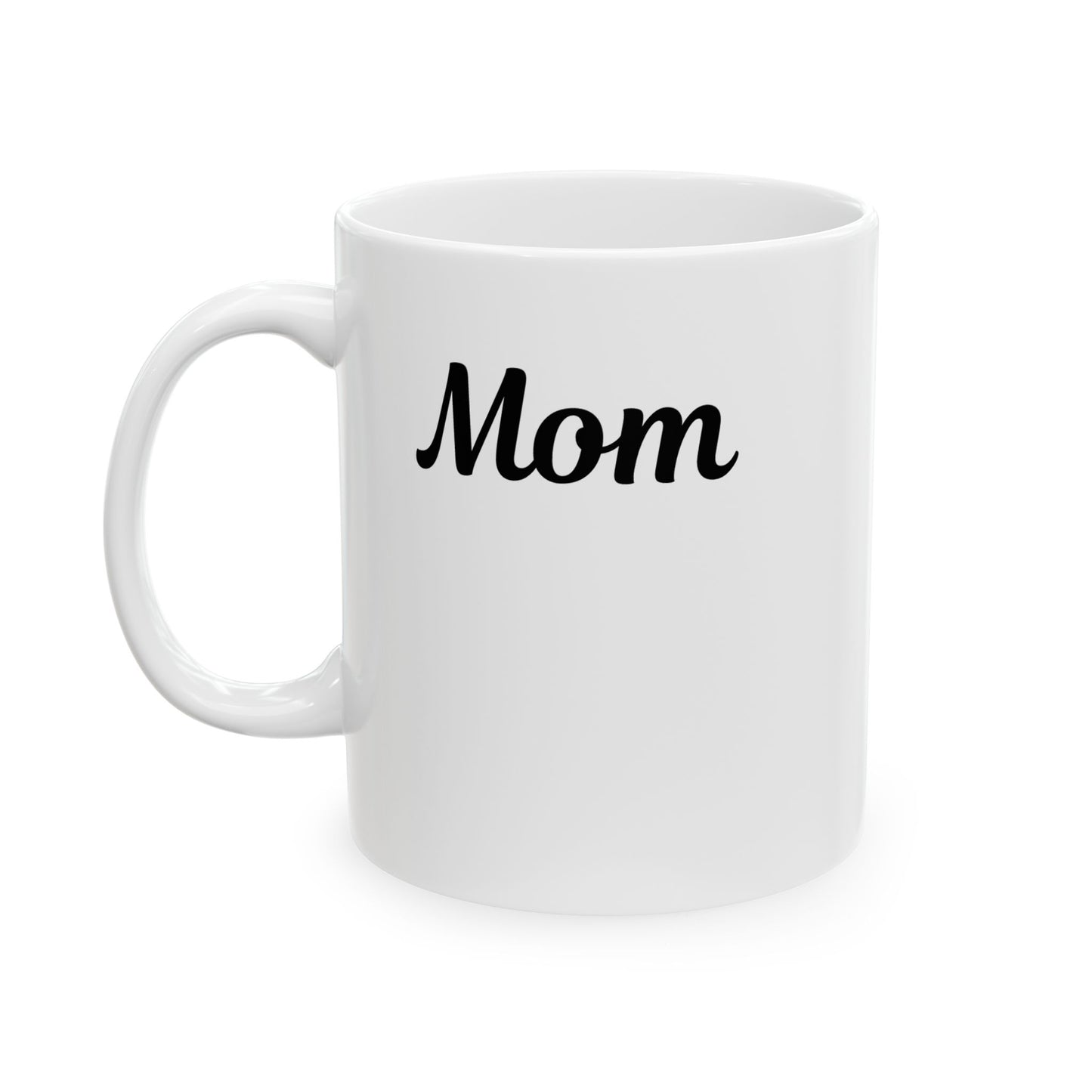 White mug with 'Mom' printed on it against a white background