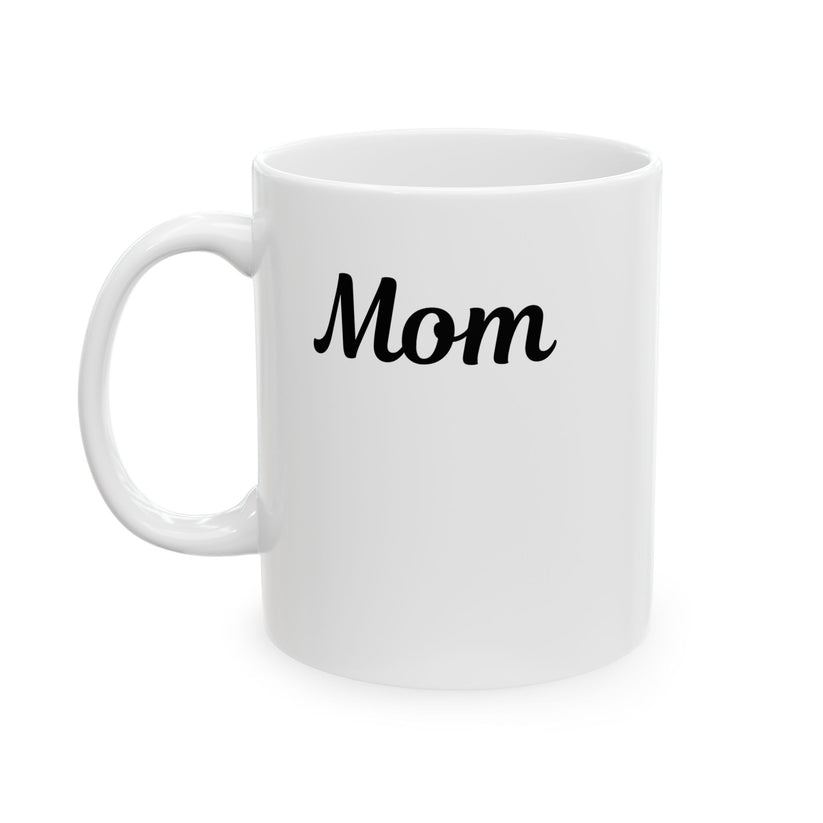 White mug with 'Mom' printed on it against a white background