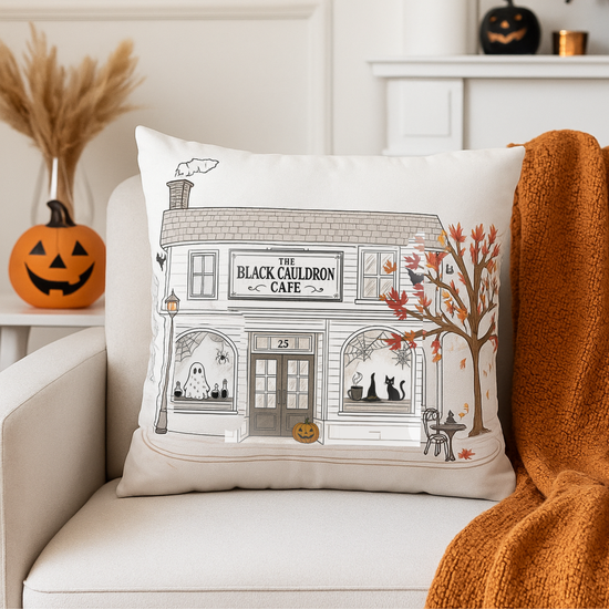 Black Cauldron Café Halloween Square Throw Pillow Cover | 14x14, 16x16, 18x18, 20x20