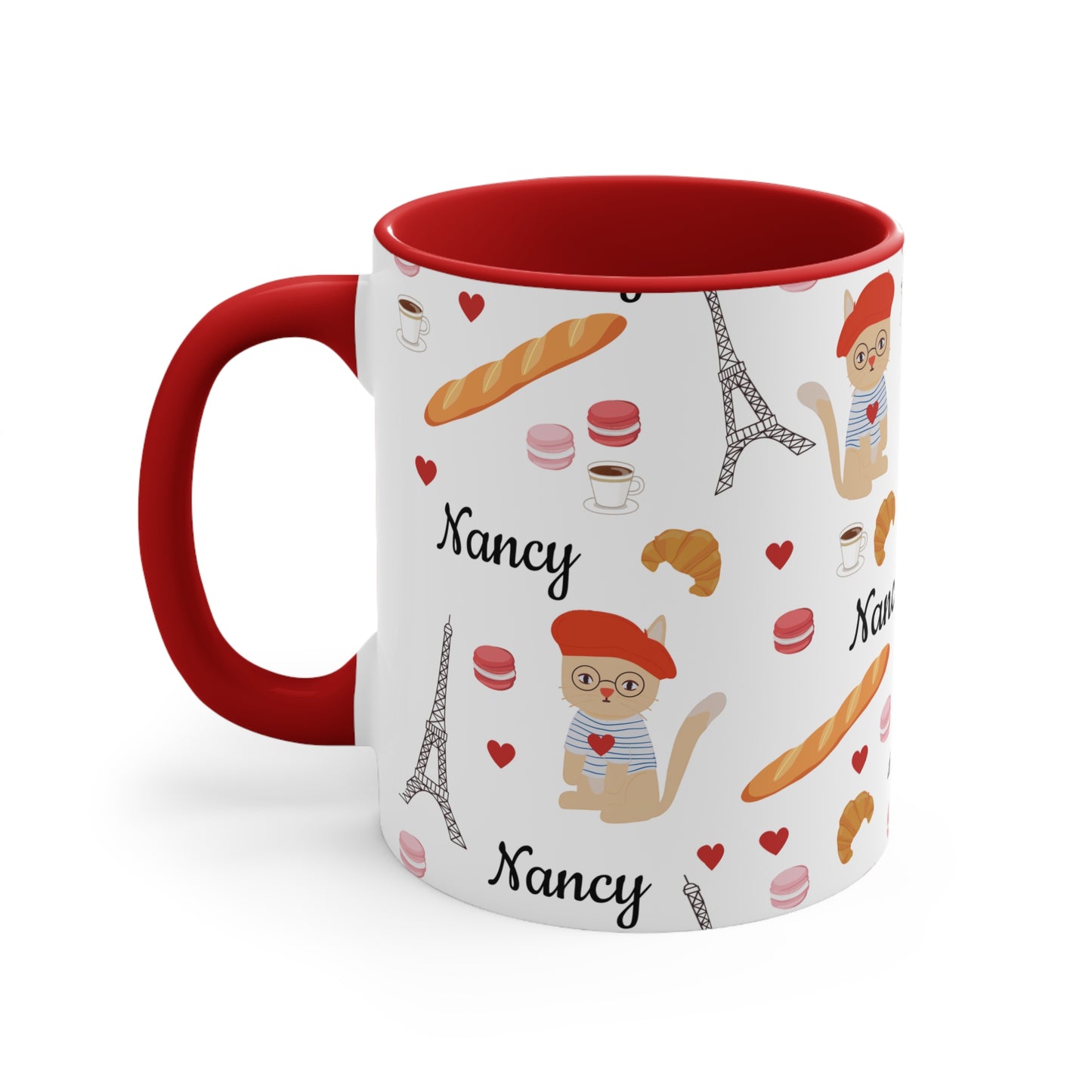 Parisian Cat Personalizable Ceramic Mug | Red Handle + Interior