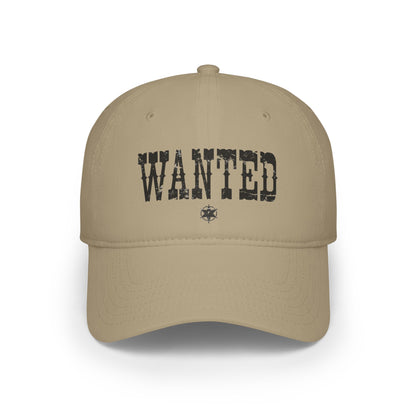 Beige cap with 'WANTED' text on a white background