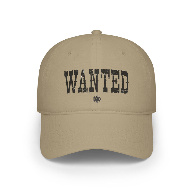 Beige cap with 'WANTED' text on a white background