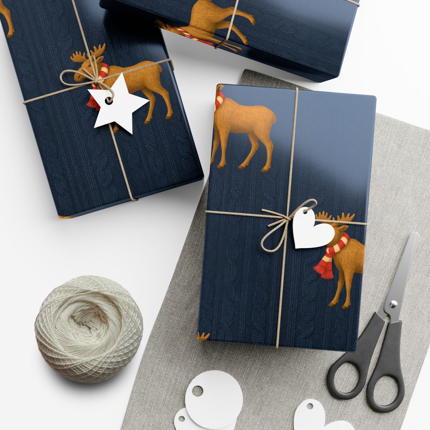 Navy Blue Cable Knit Wrapping Paper with Moose Motif | Satin Finish