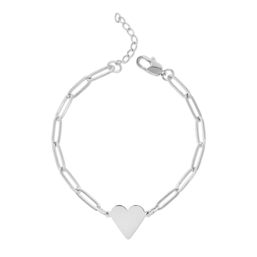 Silver bracelet with a heart charm on a white background
