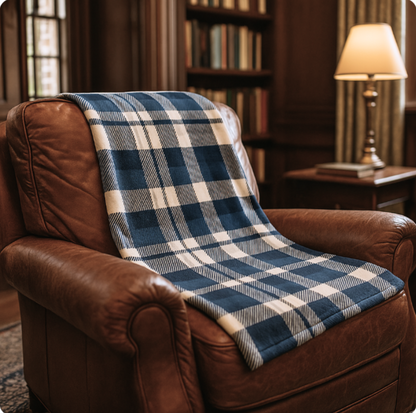 Brown leather armchair with a blue and white checkered blanket in a cozy room.