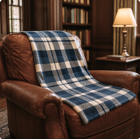Brown leather armchair with a blue and white checkered blanket in a cozy room.