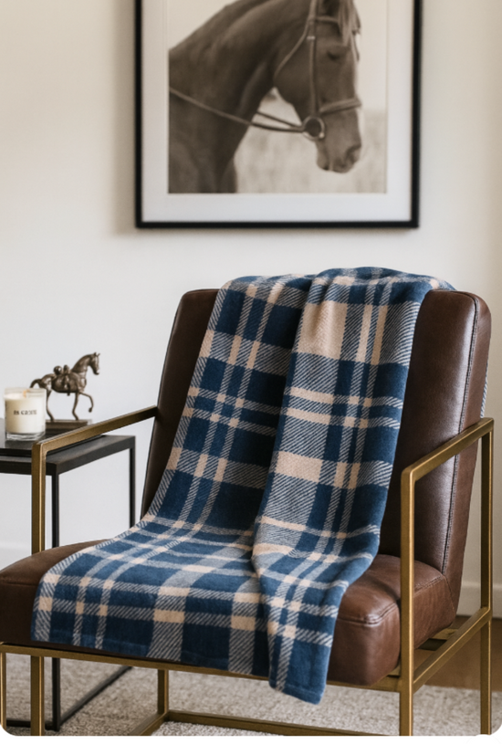 Blue plaid blanket draped over a brown chair in a room with a horse painting on the wall.