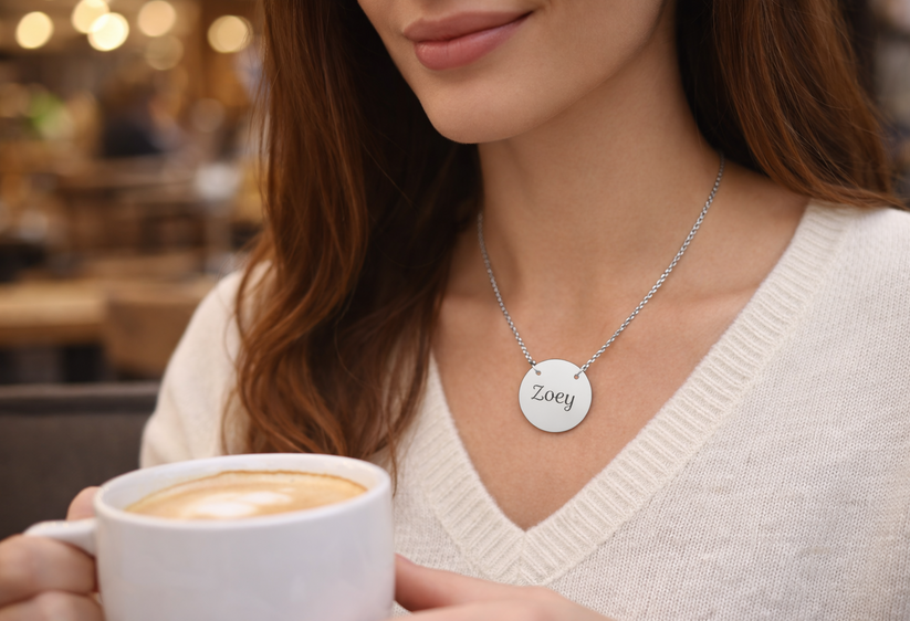 Woman holding a cup of coffee wearing a necklace with a 'Zoey' pendant in a blurred cafe setting