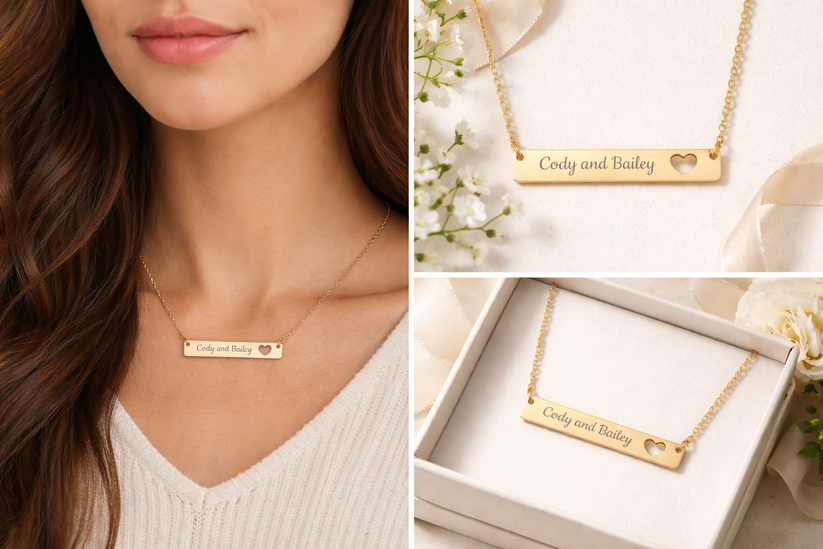 Gold necklace with engraved name 'Cody and Bailey' worn by a woman, displayed in a box with flowers.