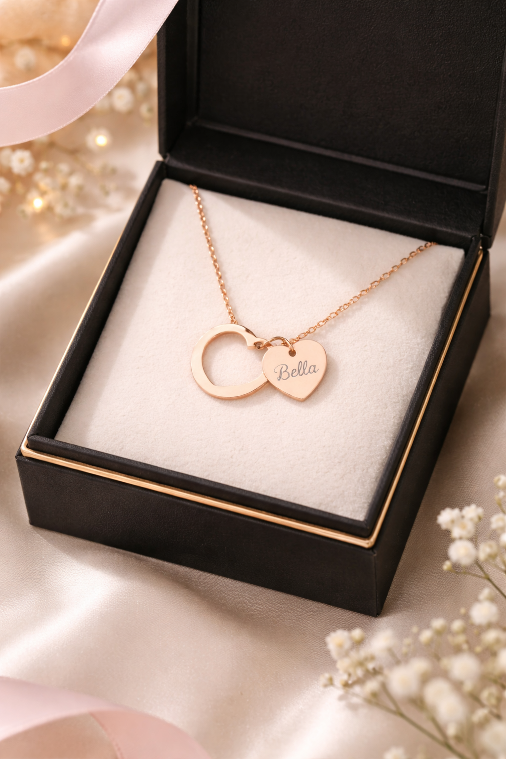 Rose gold necklace with heart-shaped pendant in a black box on a soft surface with flowers.