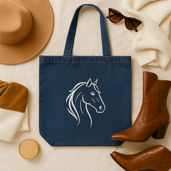 Modern Equestrian l Organic Denim Tote Bag | Line Art Horse