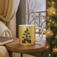 Gold mug with a Christmas tree design on a wooden table next to a decorated tree.
