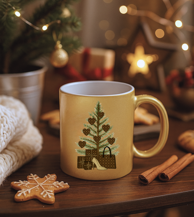 Gold  mug with Christmas tree design on a wooden table with cookies and cinnamon sticks, blurred festive background.