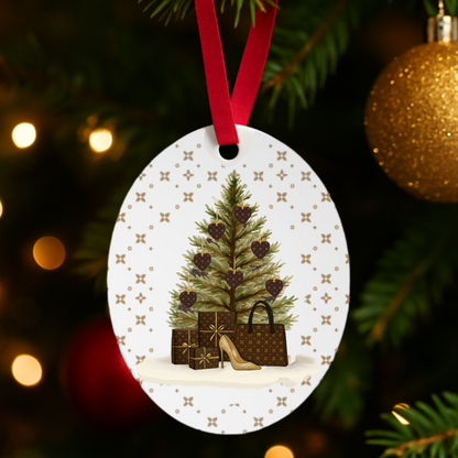 Decorative Christmas ornament with a tree, presents, and high heel shoe on a white background, hanging from a red ribbon.