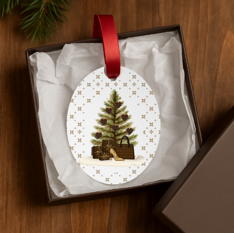 Decorative Christmas ornament with a tree and gift bag design, tied with a red ribbon, in a box on a wooden surface.