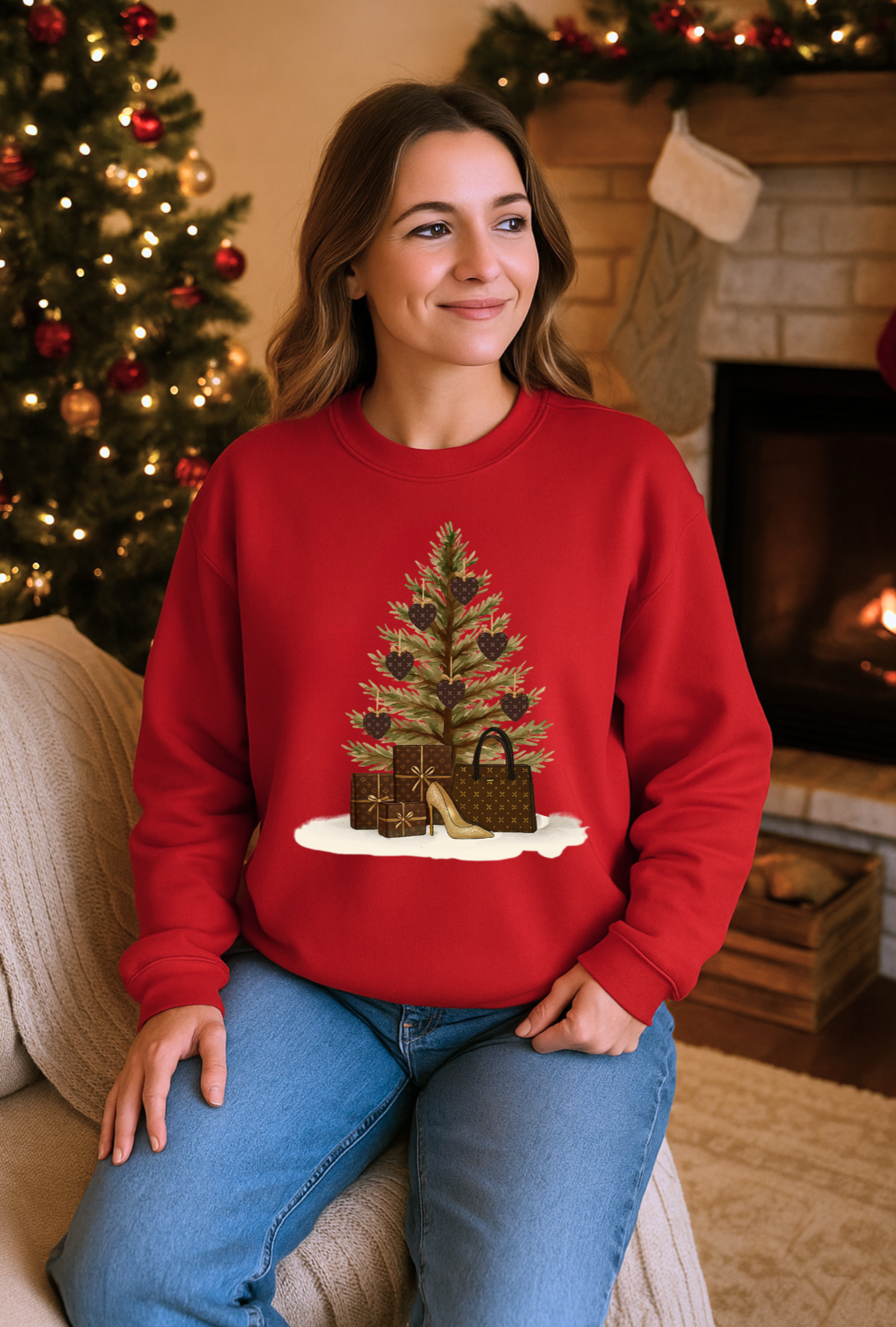 Woman wearing a red sweater with a Christmas tree design, sitting in a cozy living room.