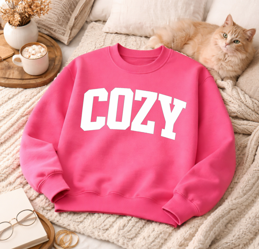 Pink sweatshirt with 'COZY' text on a cozy living room setting with a cat and mug.