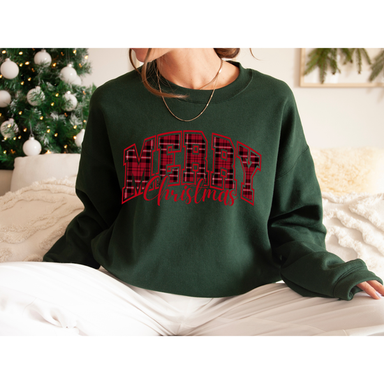 Merry Christmas Plaid Collegiate Sweatshirt | Personalized Sleeve Option