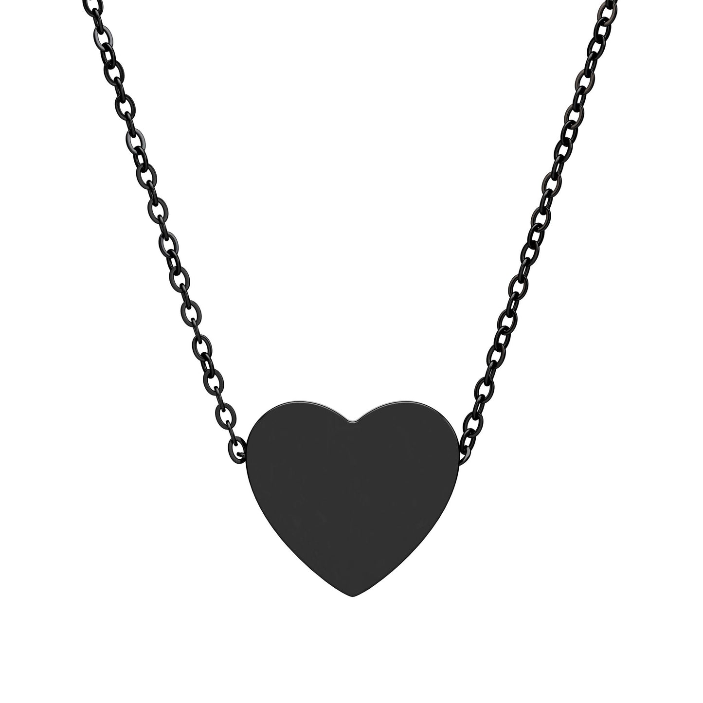 Black heart-shaped pendant on a chain against a white background