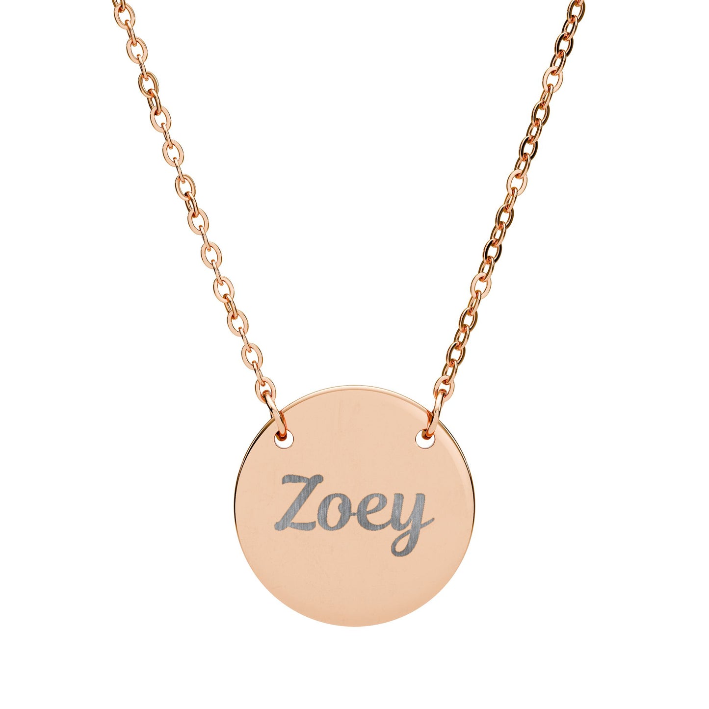 Rose gold necklace with a round pendant engraved with 'Zoey' on a white background