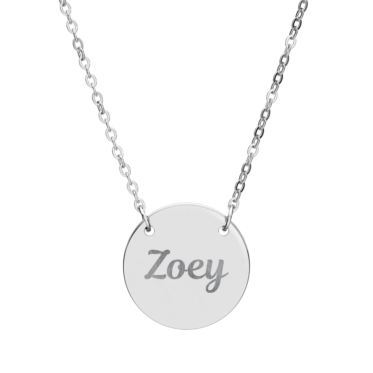 Silver necklace with a round pendant engraved with 'Zoey' on a white background