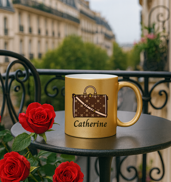 Gold or Silver Metallic Mug | Sablette Purse & Shoes or Purse Only | Personalized 11oz Mug | Tresor Valeur Fashionista Mug
