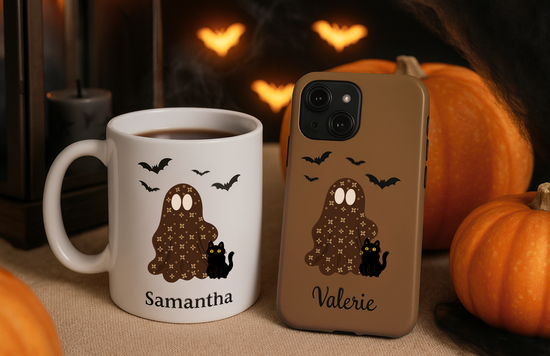 Mug and phone case with ghost design and names 'Samantha' and 'Valerie' on a Halloween-themed background.