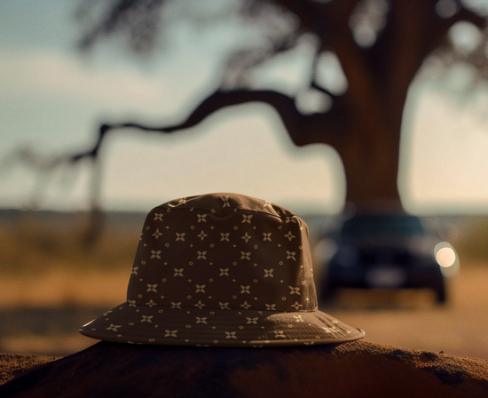Bucket hat with star pattern on a wooden surface with a blurred background of a car and tree.