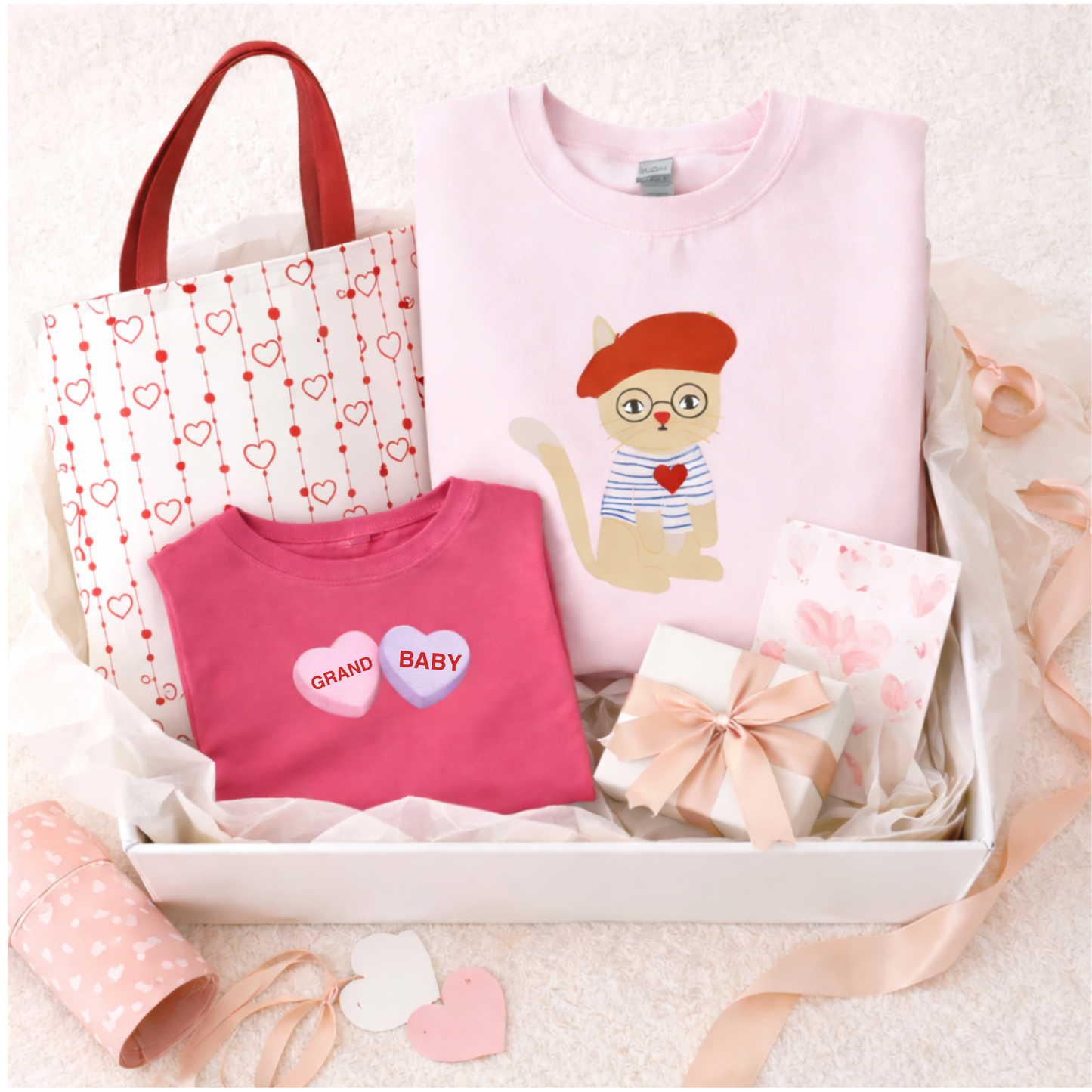 Pink baby t-shirt with cat design, red tote bag, and gift box on a light pink background