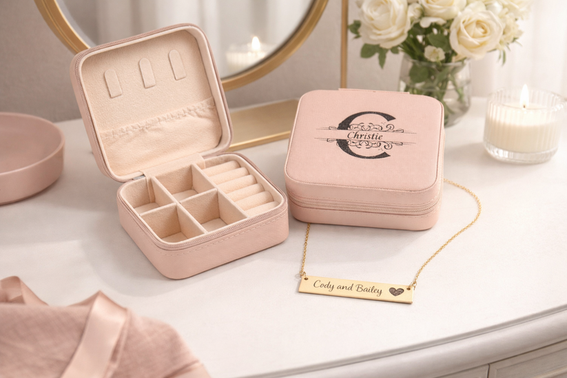 Pink jewelry box with a mirror, flowers, and a necklace on a table.