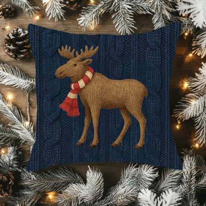 Decorative pillow with a moose design wearing a scarf, surrounded by Christmas decorations.