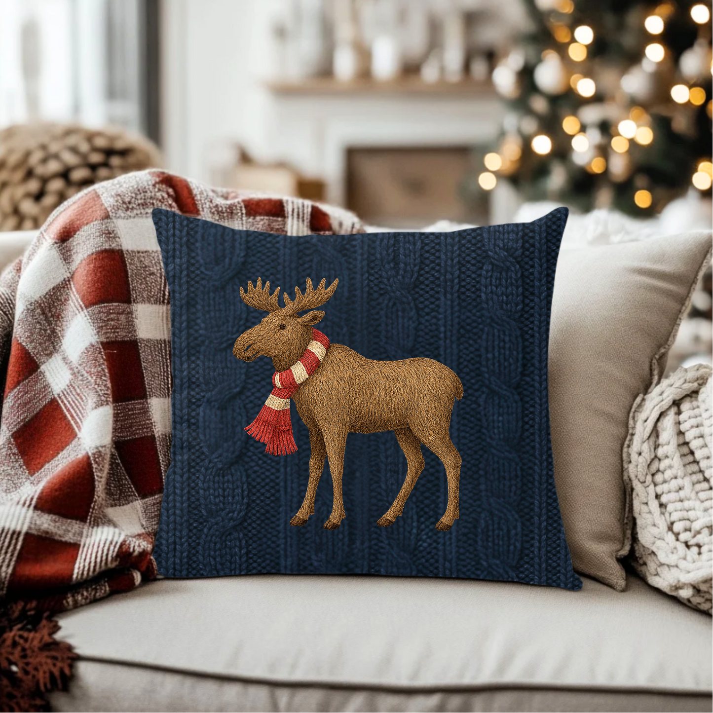 Navy blue pillow with a moose design wearing a red scarf on a couch with festive decorations.